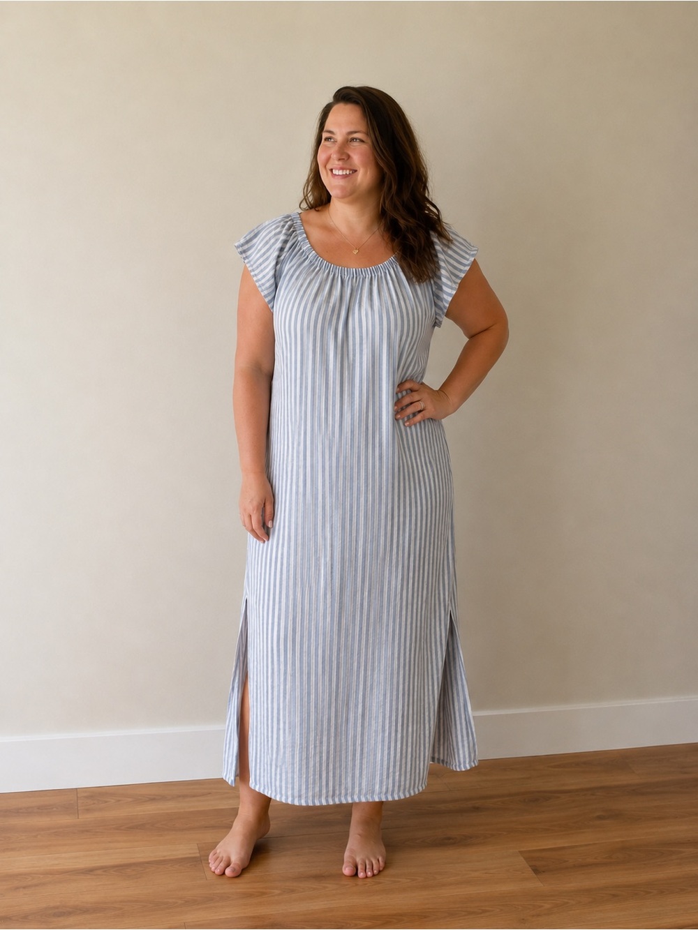 Striped Blue and White Maxi Dress Coverup with Cap Sleeves